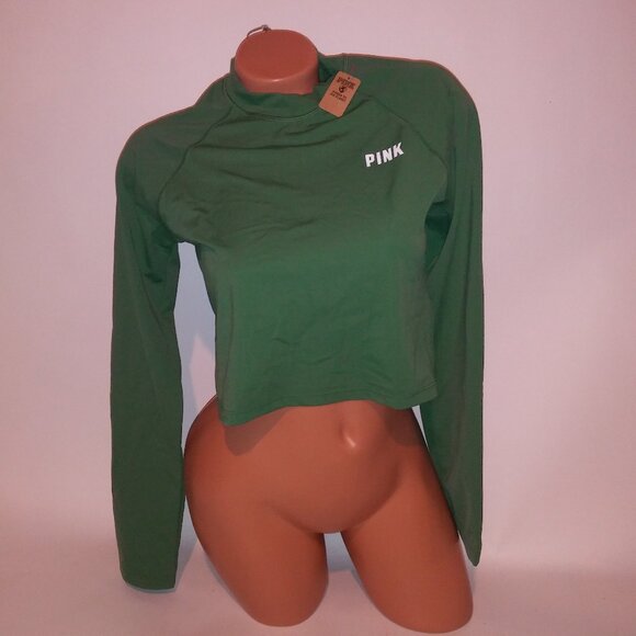 Victoria Secret PINK Swim Rash Guard Large Green Solid Long Sleeve Logo Crew Nec - Picture 2 of 6
